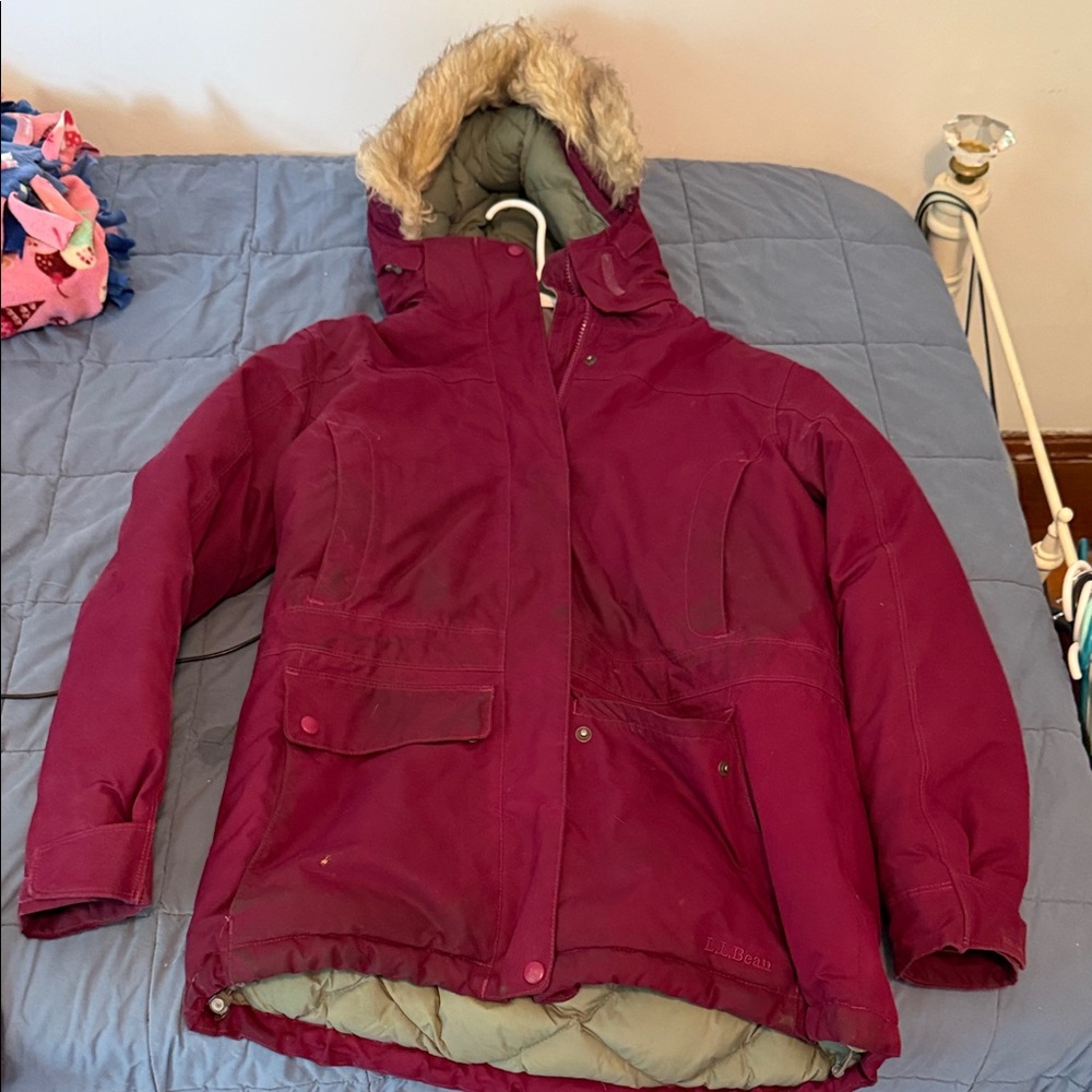 L.L. Bean Maroon Insulated Jacket with Faux Fur Trim